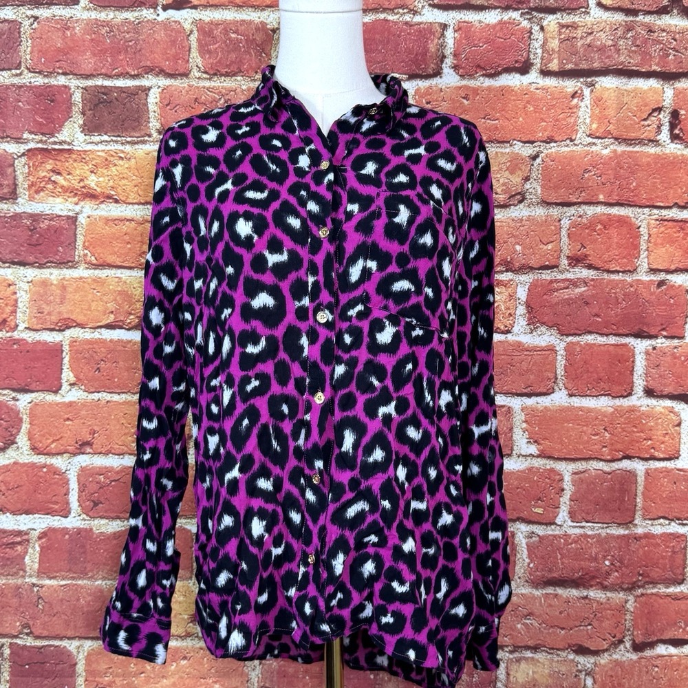Michael Kors Purple Black White Leopard Print Button-Up Blouse